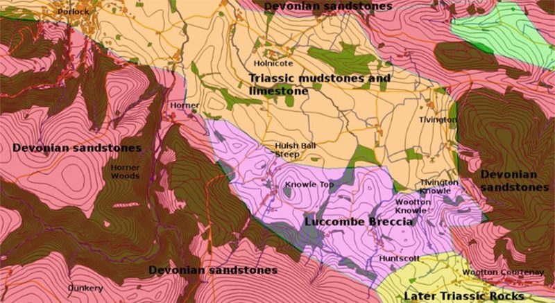 A map of the Southern end of Porlock vale showing the bedrock. This is very diagrammatic, but shows the predominance of Devonian sandstones on the high ground, and the Luccombe breccia. There is quite a lot of faulting within and between these rocks, which is not shown. Map data public domain provided by Ordnance Survey and BGS.