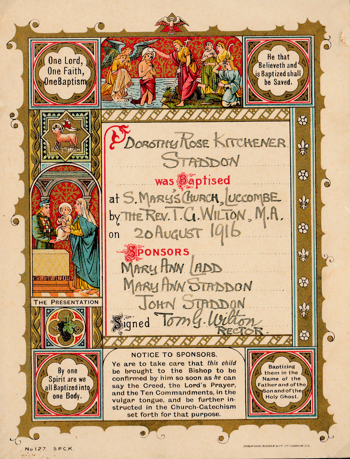 Baptism Certificate for Rosie Staddon, also signed by Tom Wilton 1916.