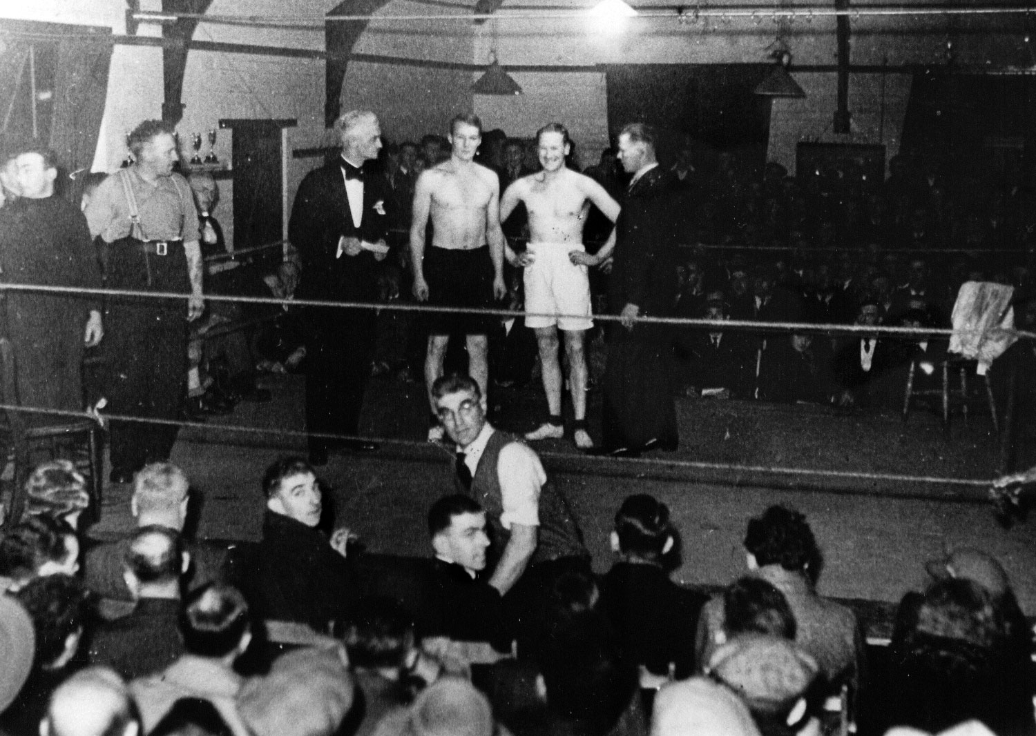 Norman Kennelly and George Catford pictured at an amateur boxing match in the Regal Ballroom (now soon to be Minehead’s new cinema) probably late 1940’s