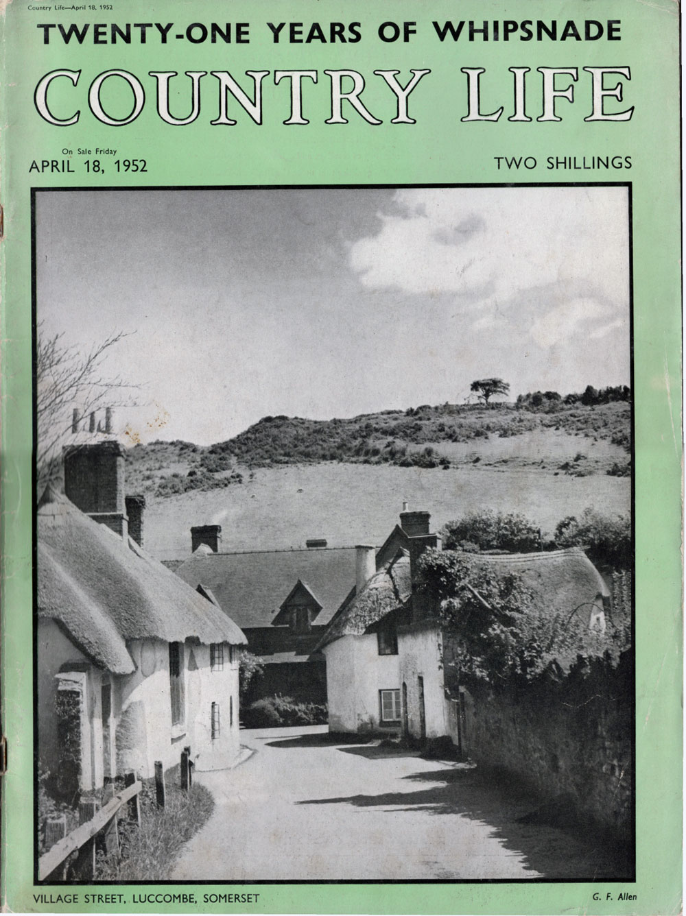 April 18th. 1952 – Village Street, Luccombe, Somerset. By G.F. Allen. (Looking towards The Square with a nice view of how “Iron Ore” used to look. The high spot just left of centre on the skyline was the traditional “bonfire” site)